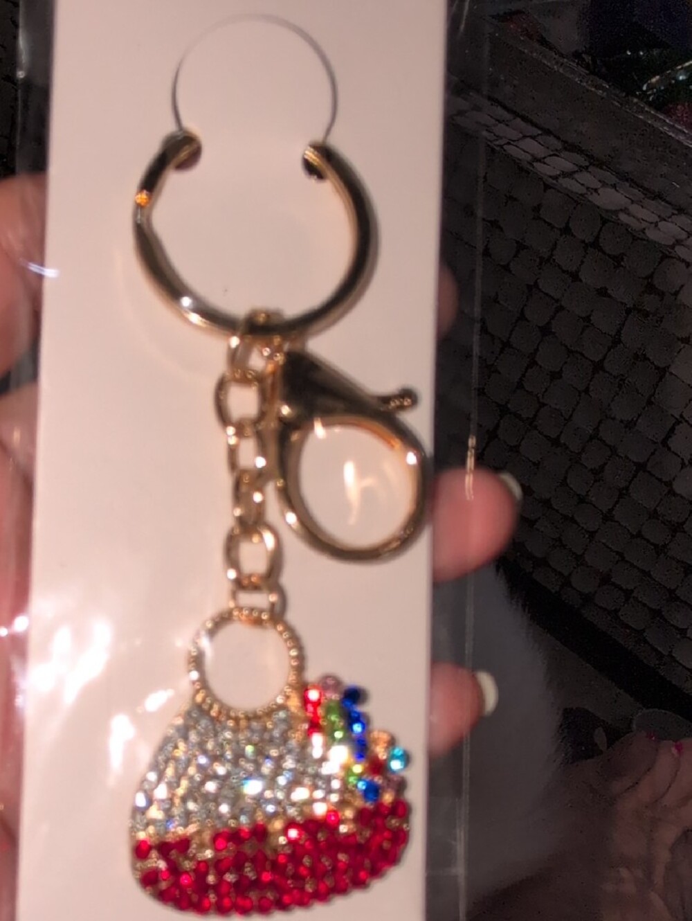 Ella Gold-Tone Red Purse Keychain with Clear, Red and Multicolor Rhinestones - Picture 4 of 4